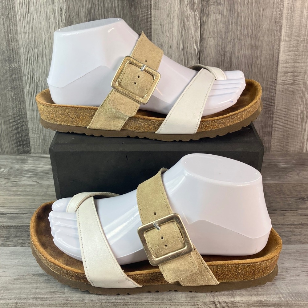 Naot Fresno White Leather Tan Suede Cork Footbed Slide Sandals Size 38 L7